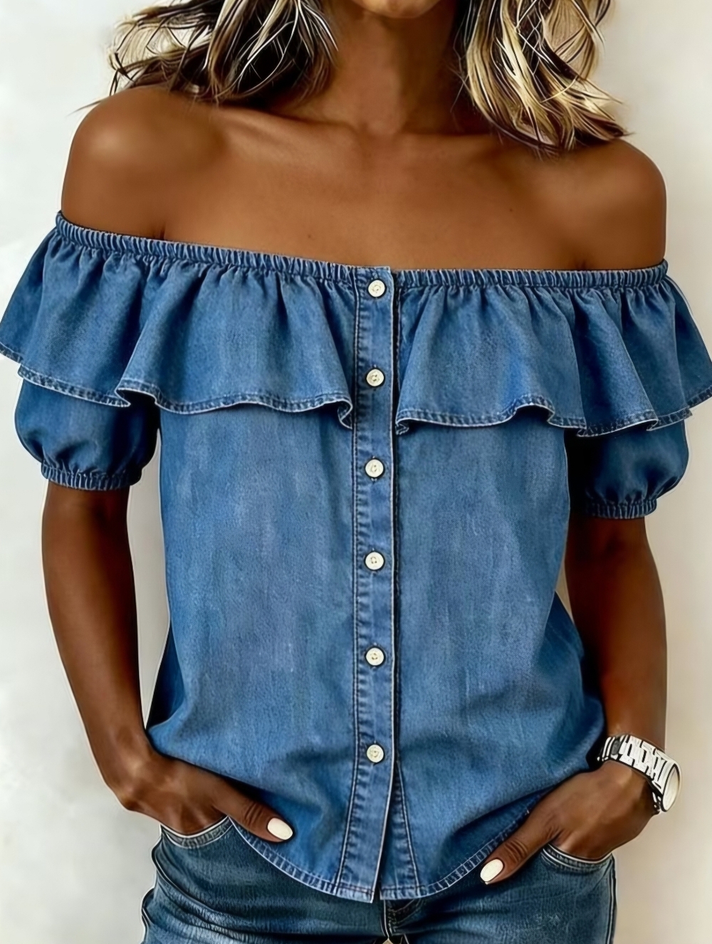 COMING SOON! S-XXL Women's Off-Shoulder Ruffle Button-Front Denim Blouse - Blue